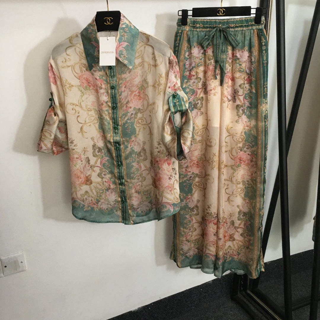 ZIM* Flower Print Short Sleeve Shirt + Drawstring High Waist Wide Leg Pants