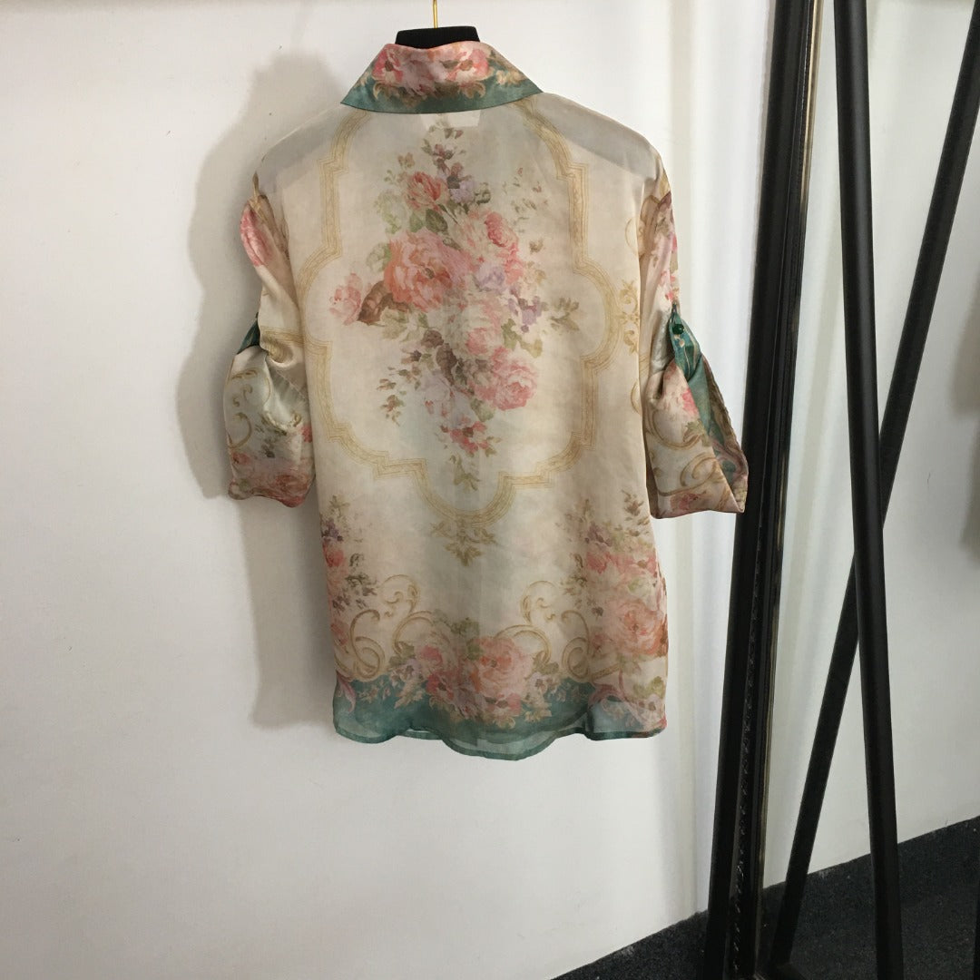 ZIM* Flower Print Short Sleeve Shirt + Drawstring High Waist Wide Leg Pants