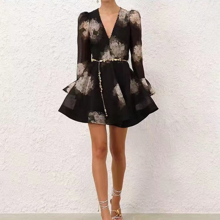 Retro Floral Print V-Neck Dress