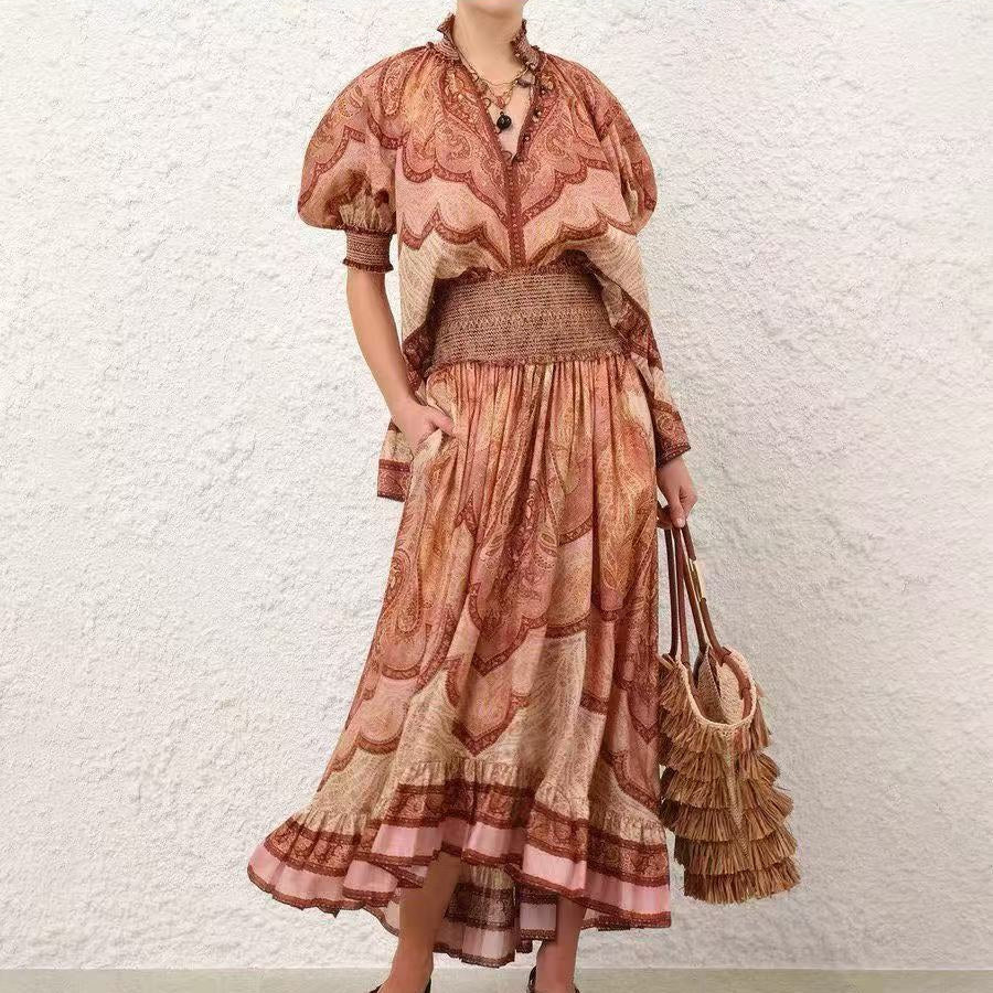 2026SS Vintage-Print Top + High-Waisted Skirt