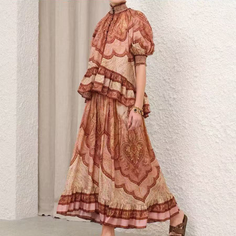 2026SS Vintage-Print Top + High-Waisted Skirt