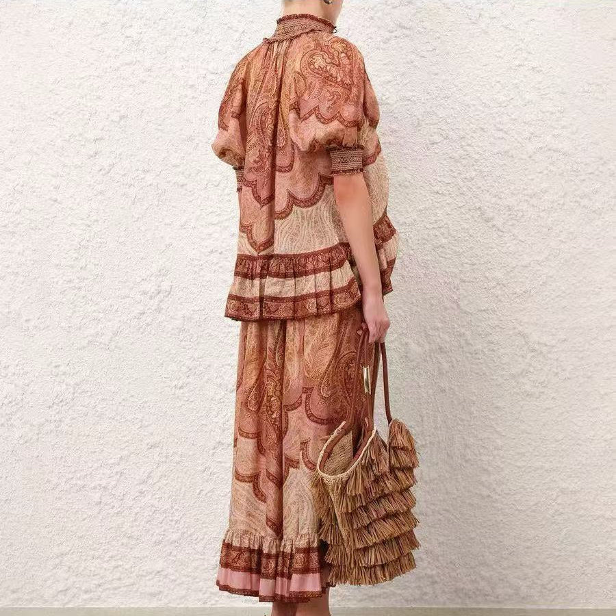 2026SS Vintage-Print Top + High-Waisted Skirt