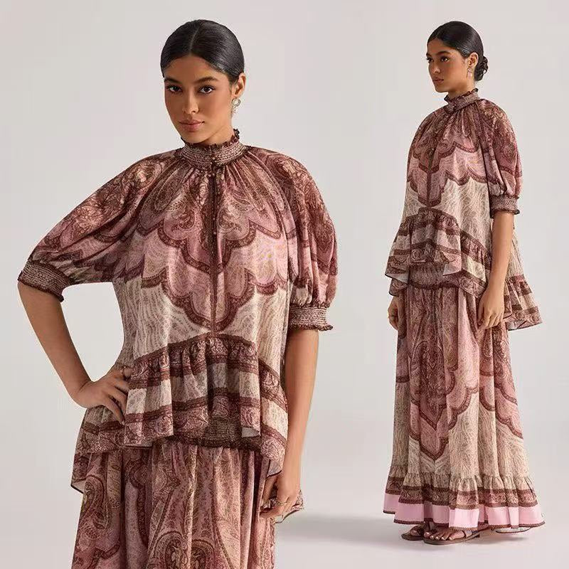 2026SS Vintage-Print Top + High-Waisted Skirt