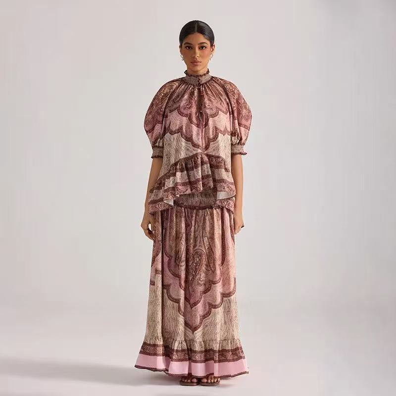 2026SS Vintage-Print Top + High-Waisted Skirt