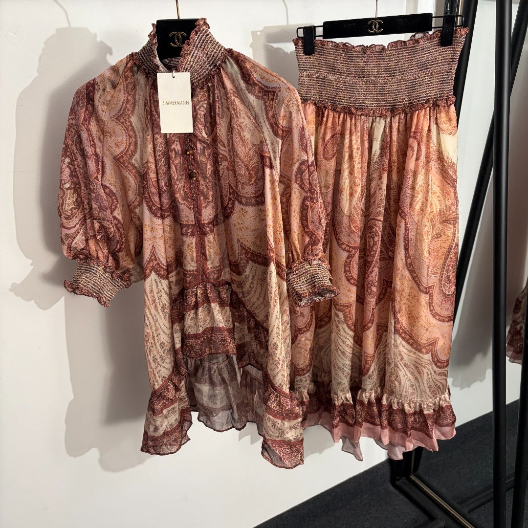 2026SS Vintage-Print Top + High-Waisted Skirt