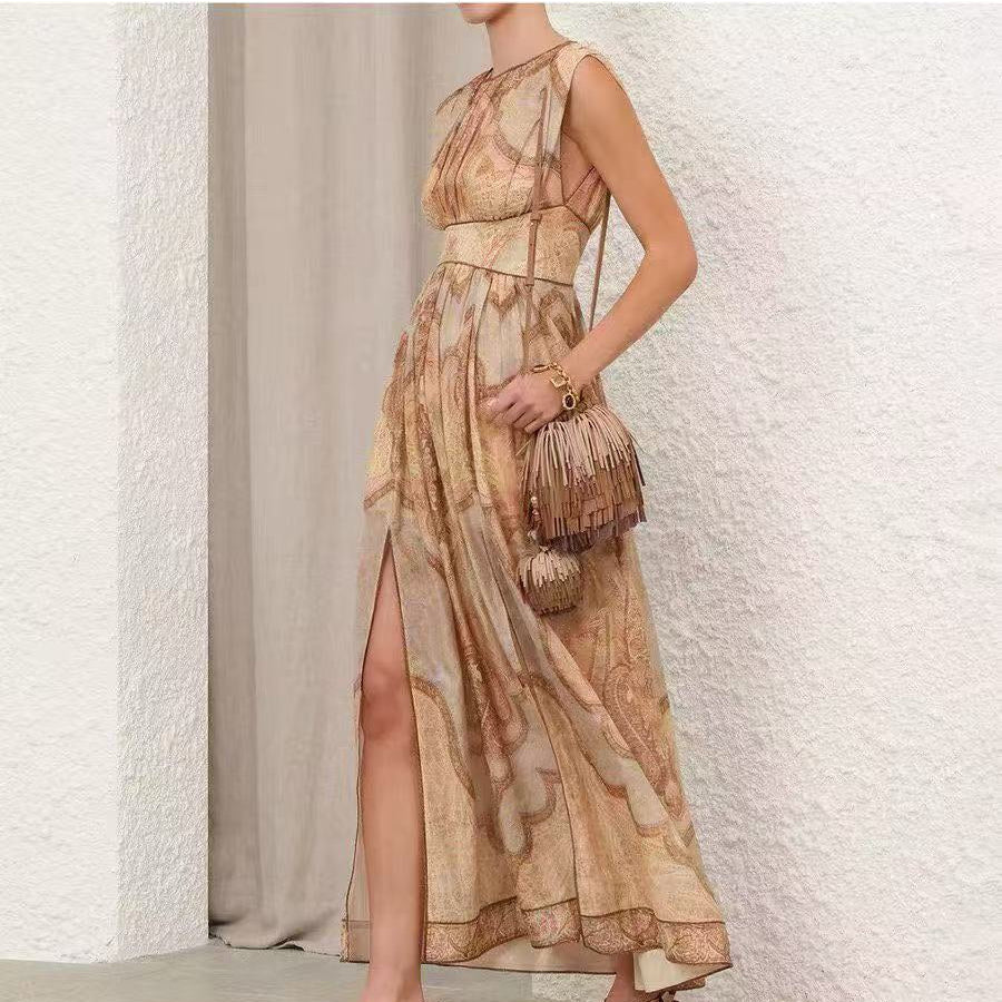 2026SS Vintage-Print, Waist-Cinching, Sleeveless Tank Dress