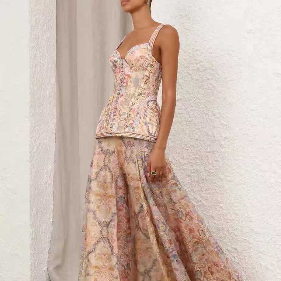 Retro-Print Strapless, Waist-Cinching Camisole Top + High-Waisted Linen Skirt