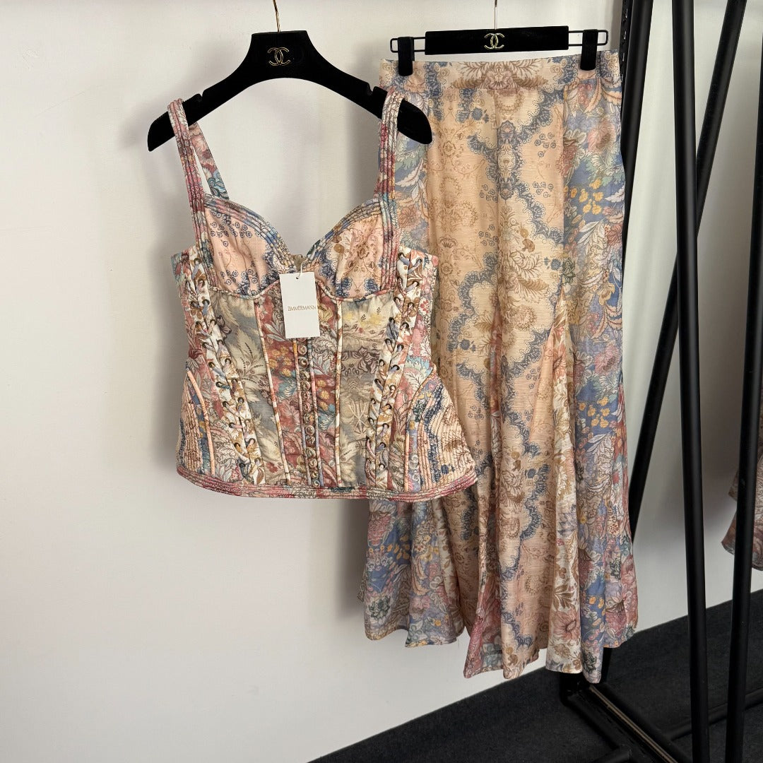 Retro-Print Strapless, Waist-Cinching Camisole Top + High-Waisted Linen Skirt