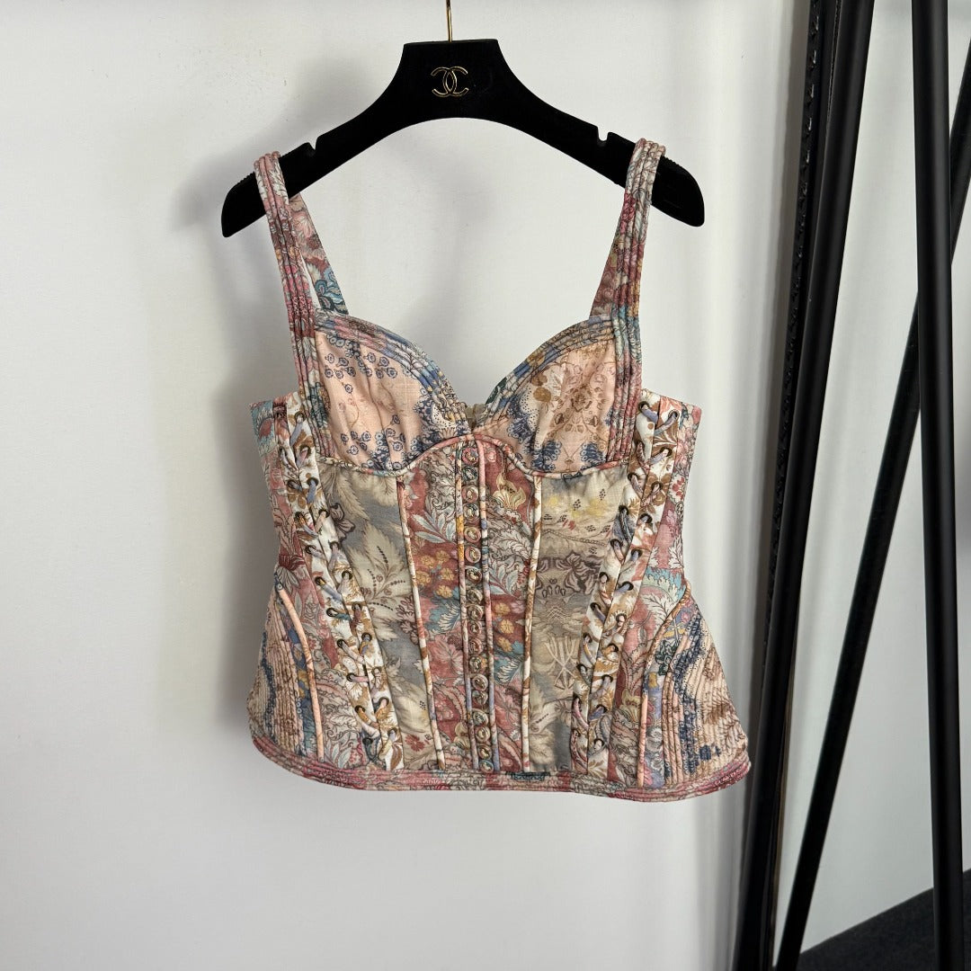 Retro-Print Strapless, Waist-Cinching Camisole Top + High-Waisted Linen Skirt