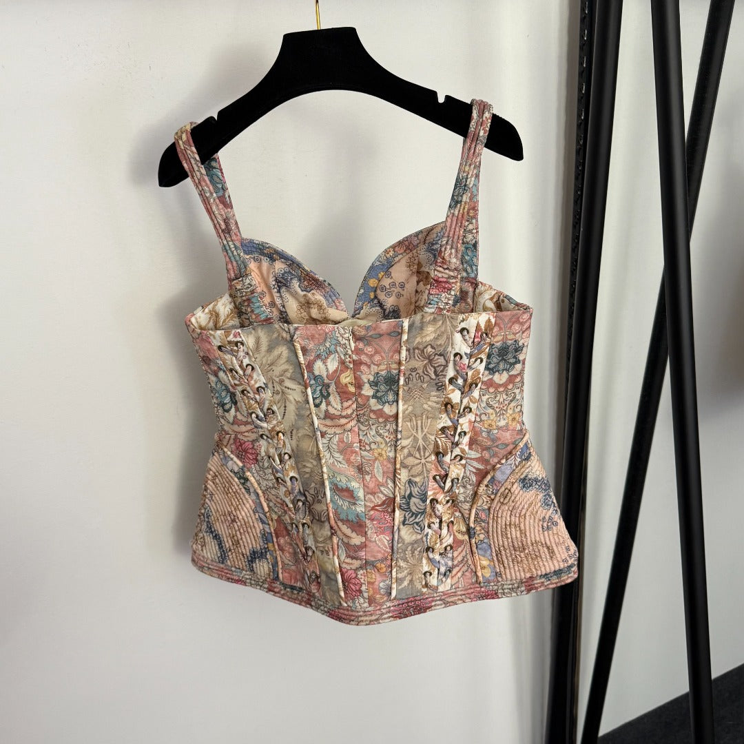Retro-Print Strapless, Waist-Cinching Camisole Top + High-Waisted Linen Skirt