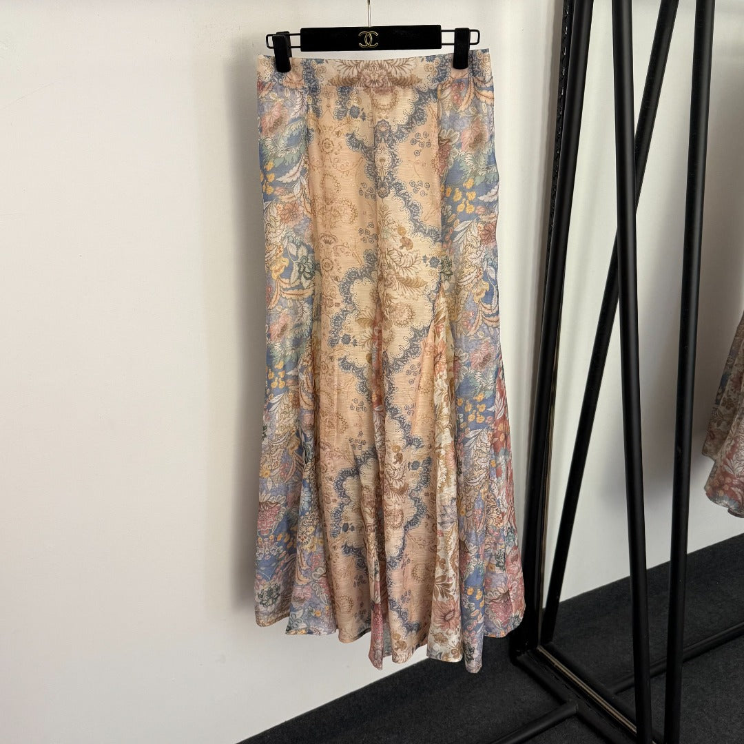 Retro-Print Strapless, Waist-Cinching Camisole Top + High-Waisted Linen Skirt