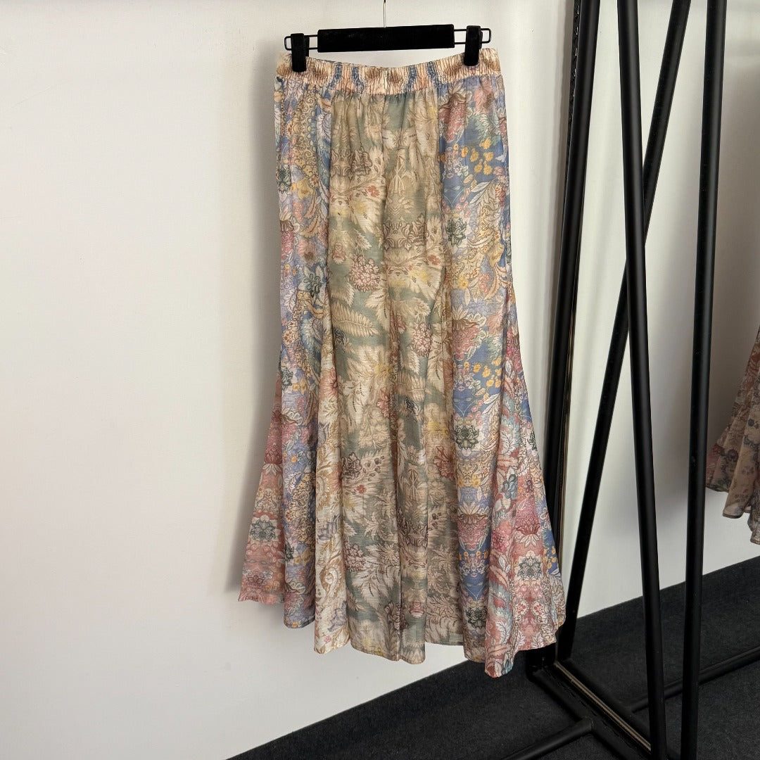 Retro-Print Strapless, Waist-Cinching Camisole Top + High-Waisted Linen Skirt