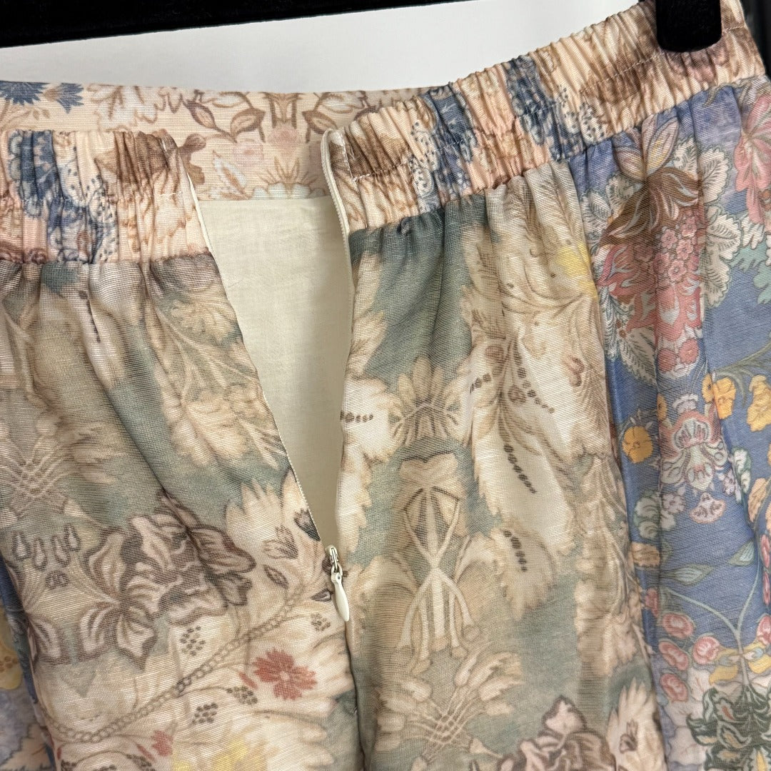 Retro-Print Strapless, Waist-Cinching Camisole Top + High-Waisted Linen Skirt