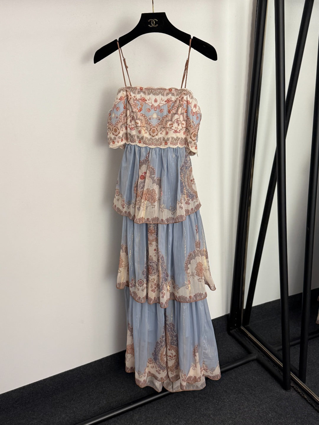 Shimmer-Thread Printed Backless Maxi Dress with Back Straps