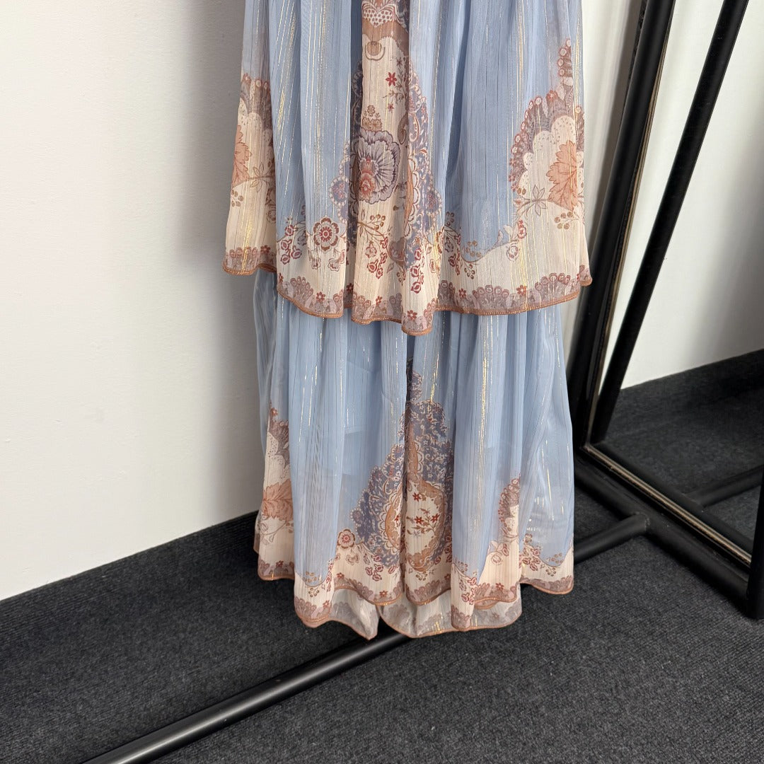 Shimmer-Thread Printed Backless Maxi Dress with Back Straps
