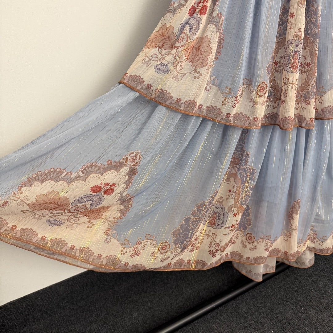 Shimmer-Thread Printed Backless Maxi Dress with Back Straps