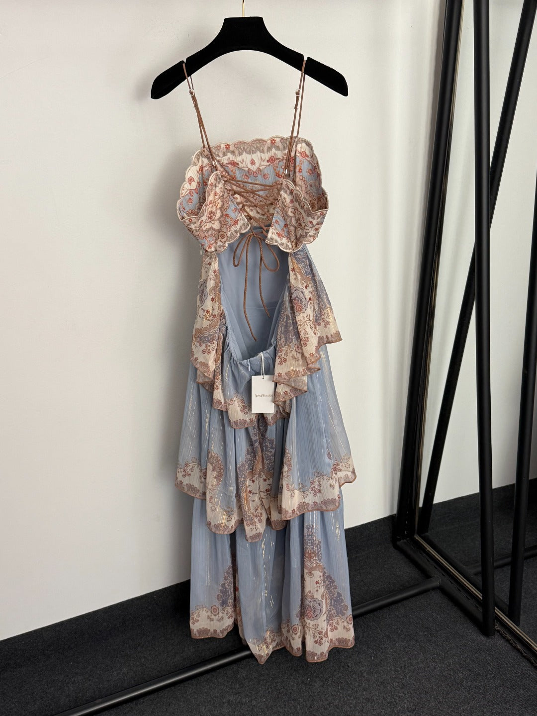 Shimmer-Thread Printed Backless Maxi Dress with Back Straps