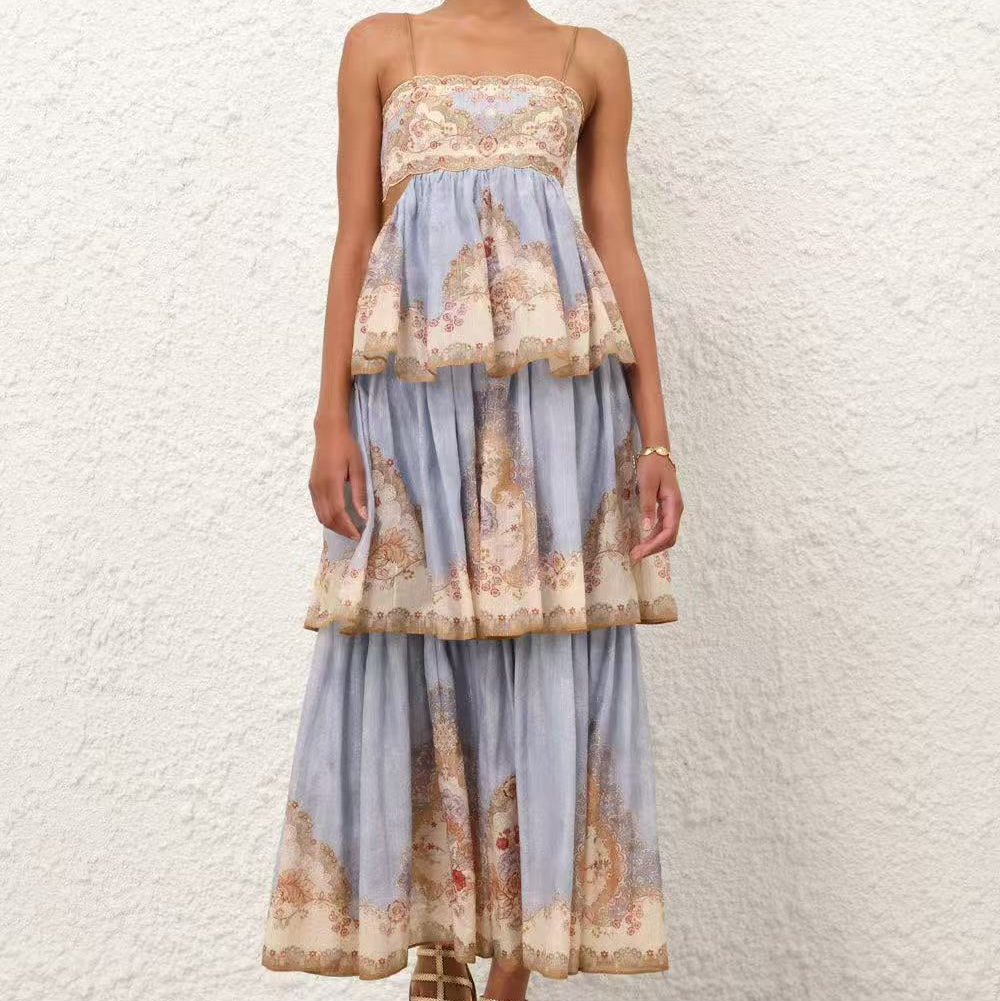 Shimmer-Thread Printed Backless Maxi Dress with Back Straps