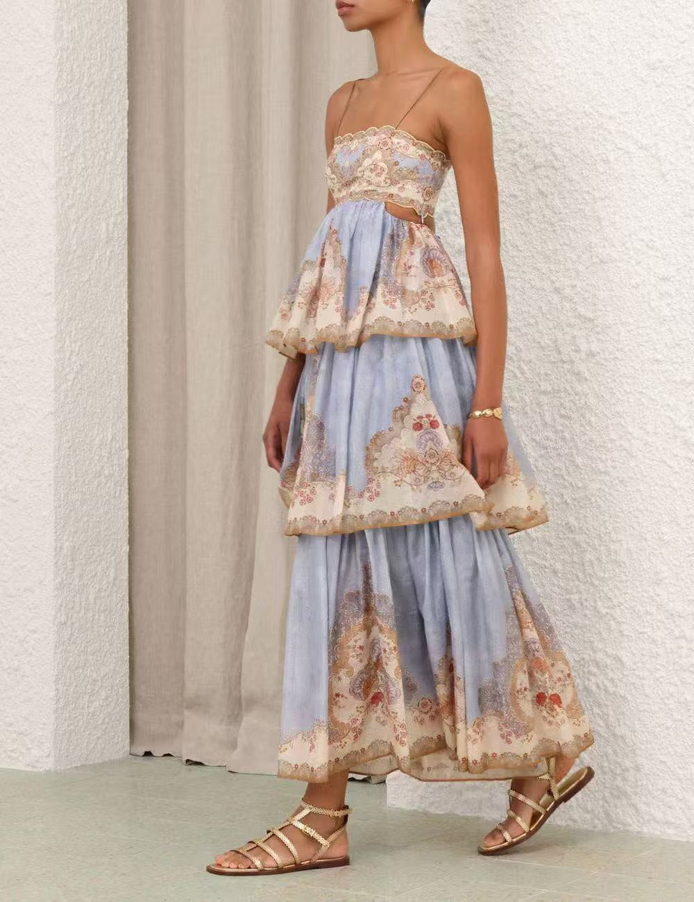 Shimmer-Thread Printed Backless Maxi Dress with Back Straps