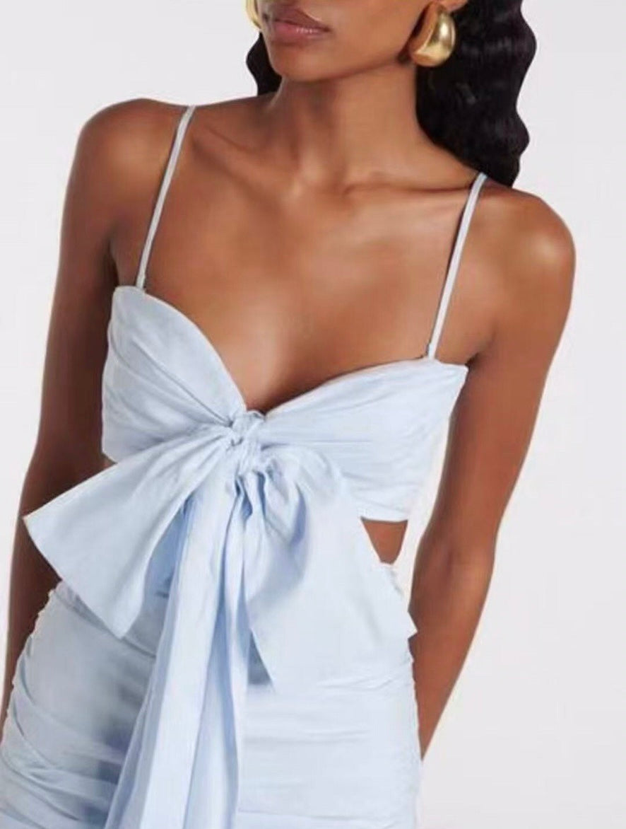 Bow-Accent, Bodycon, Cutout-Waist, Ruffled-Strap Dress