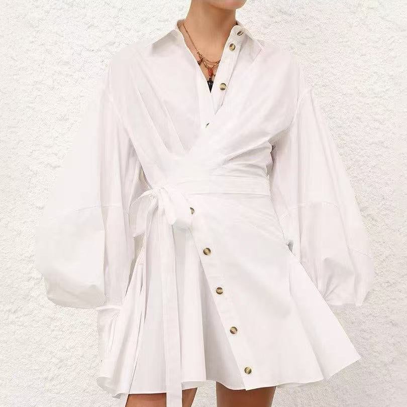 Irregular Button, Bow-Tie Waist Dress