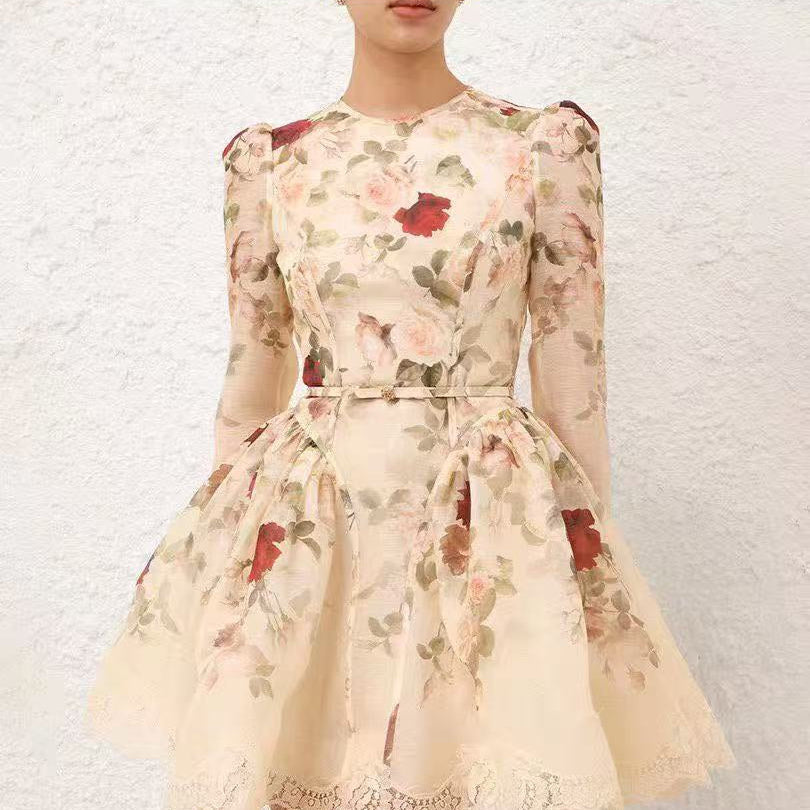 Fitted Dress with Colorful Rose Print and Lace Paneling