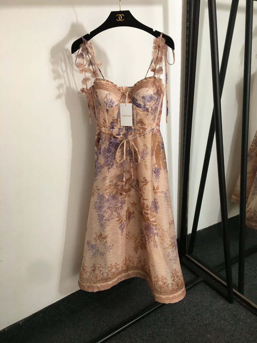 Floral Print, 3D Butterfly Embellished, Strappy Bandeau Dress with Tie Details