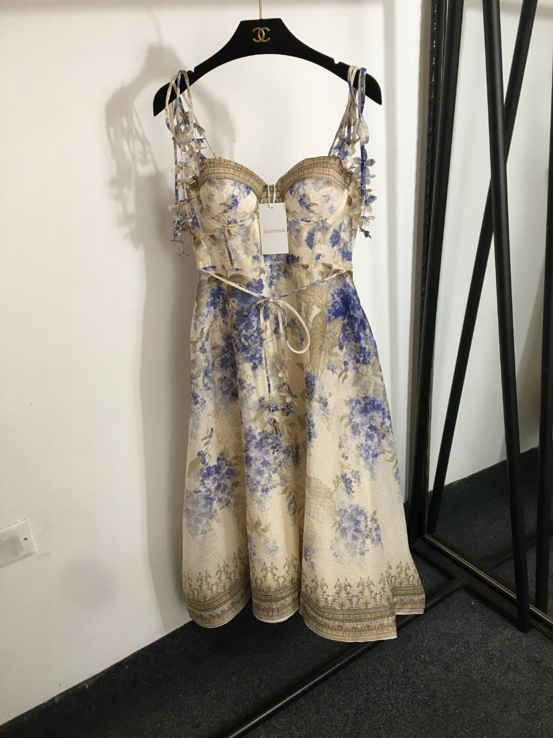 Floral Print, 3D Butterfly Embellished, Strappy Bandeau Dress with Tie Details