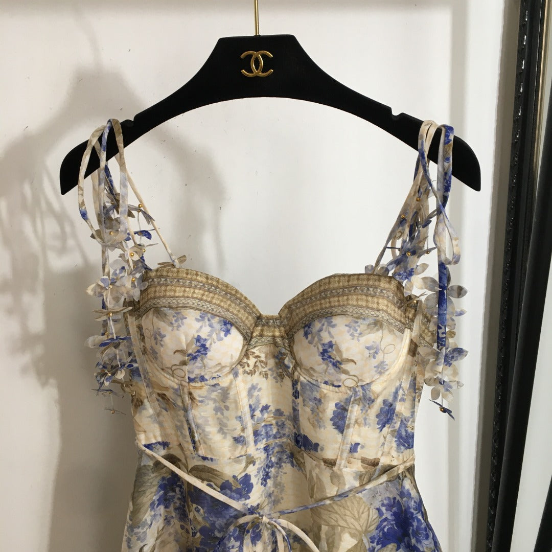 Floral Print, 3D Butterfly Embellished, Strappy Bandeau Dress with Tie Details