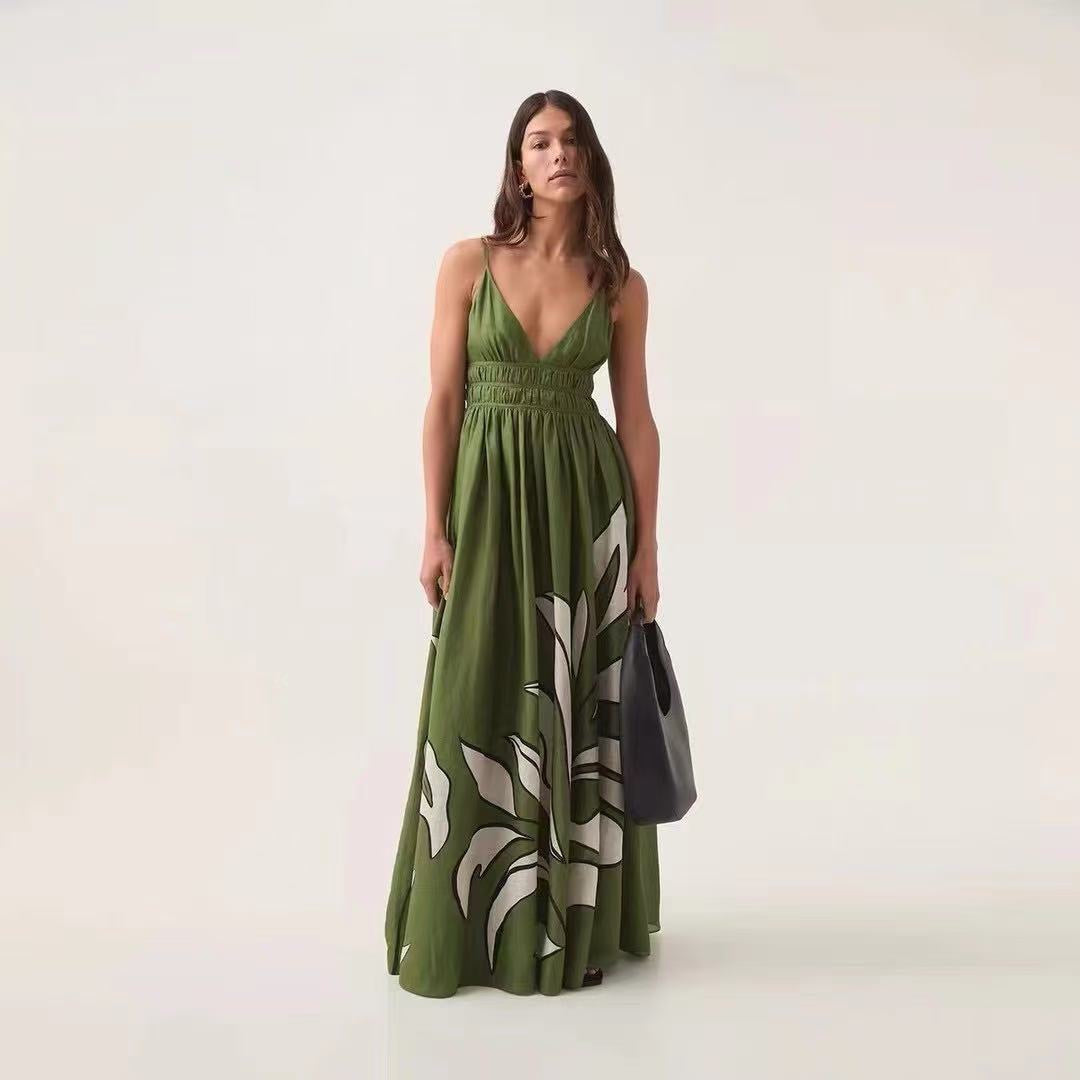 Leaf-Print Silk-Linen Spaghetti-Strap Dress