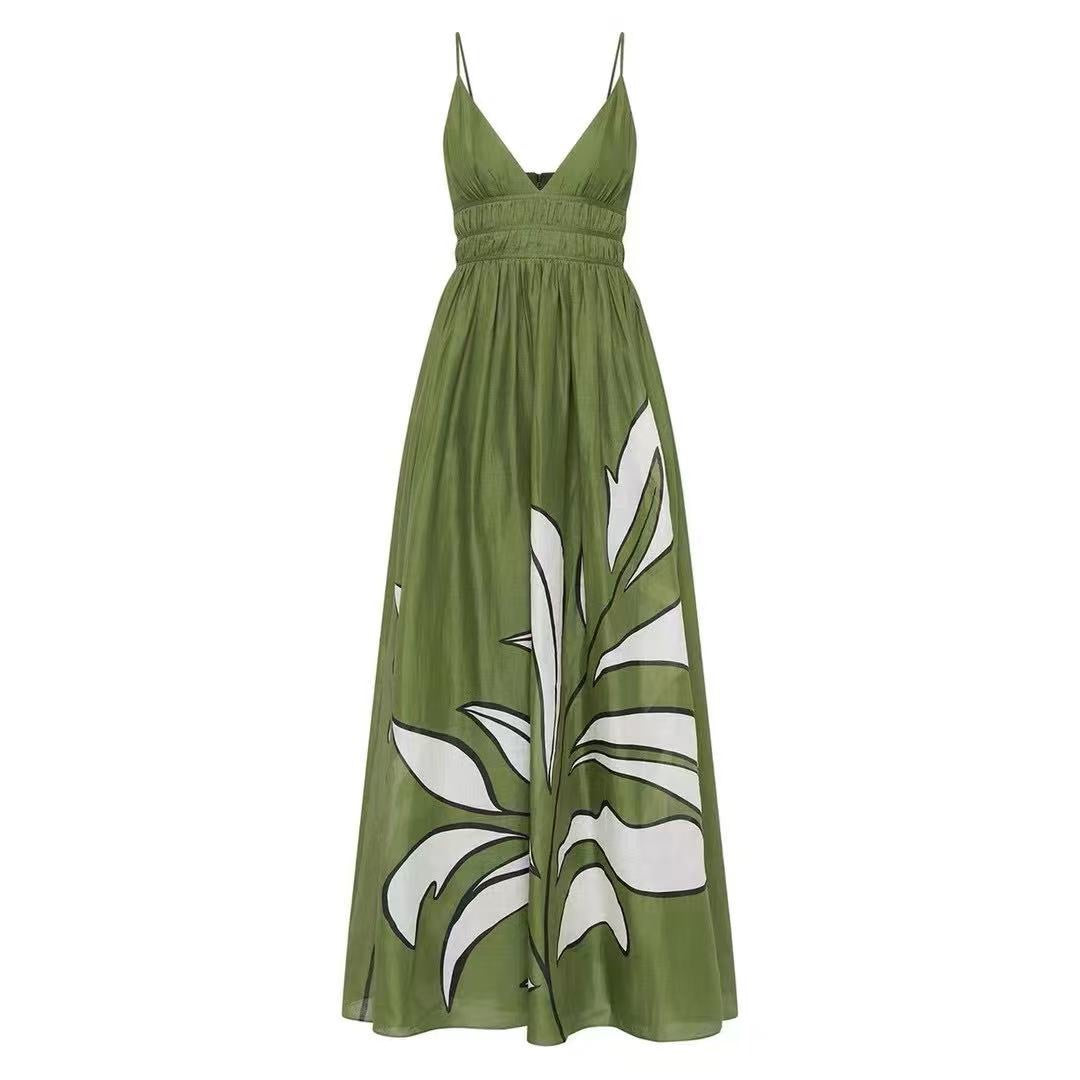 Leaf-Print Silk-Linen Spaghetti-Strap Dress