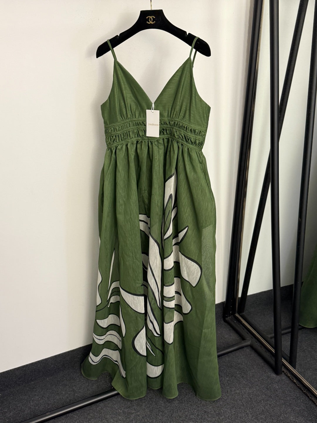 Leaf-Print Silk-Linen Spaghetti-Strap Dress