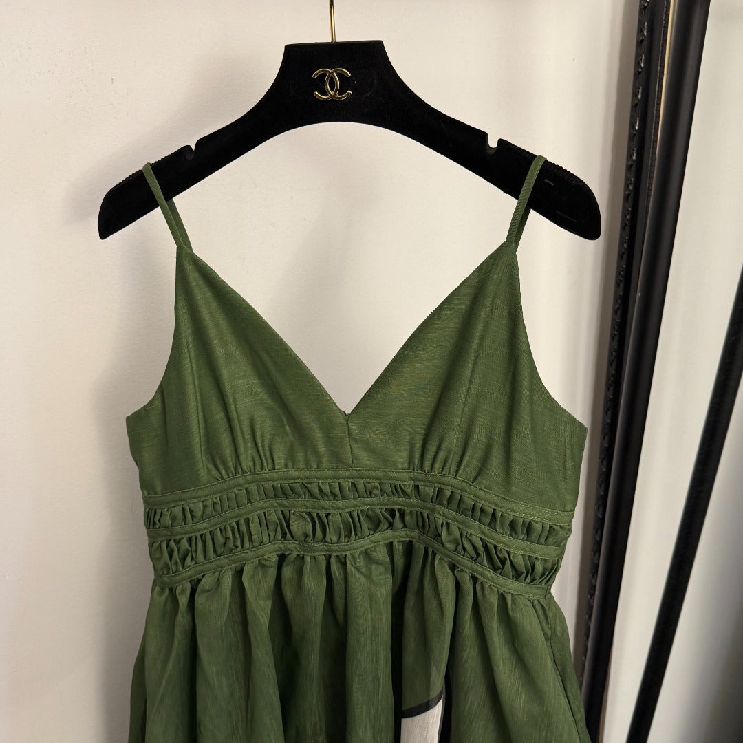 Leaf-Print Silk-Linen Spaghetti-Strap Dress