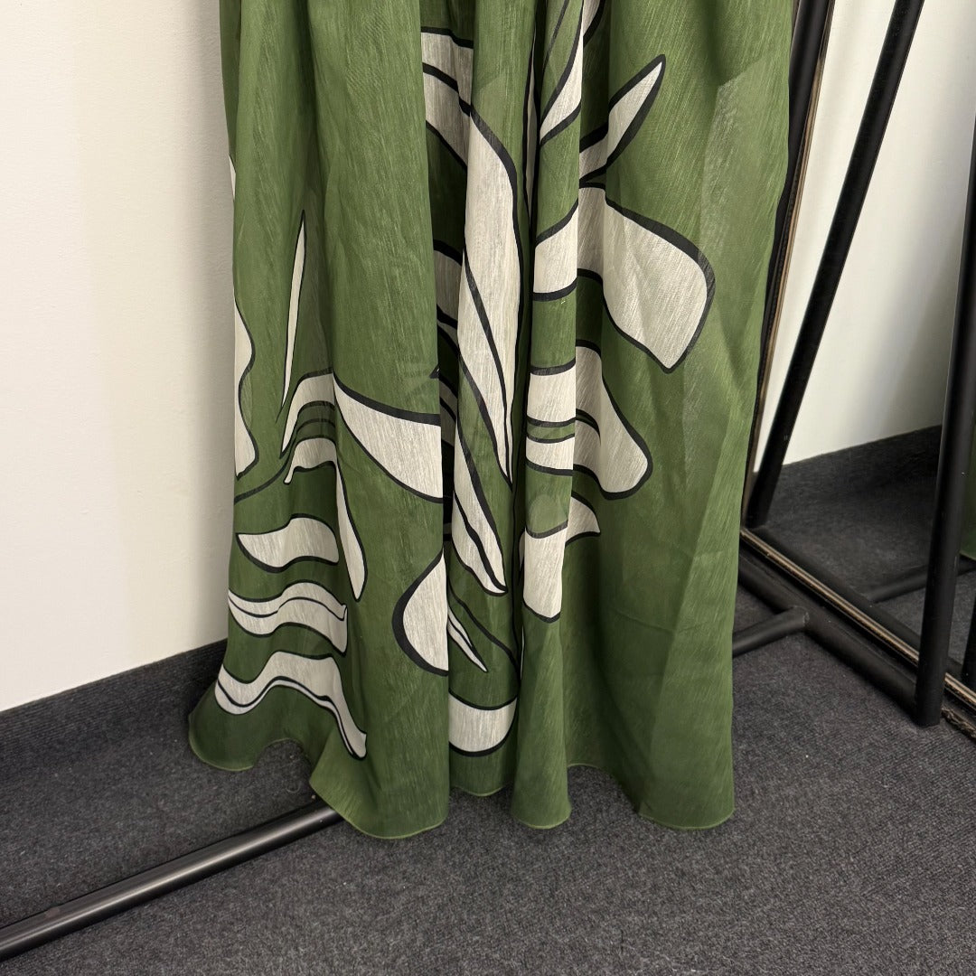 Leaf-Print Silk-Linen Spaghetti-Strap Dress