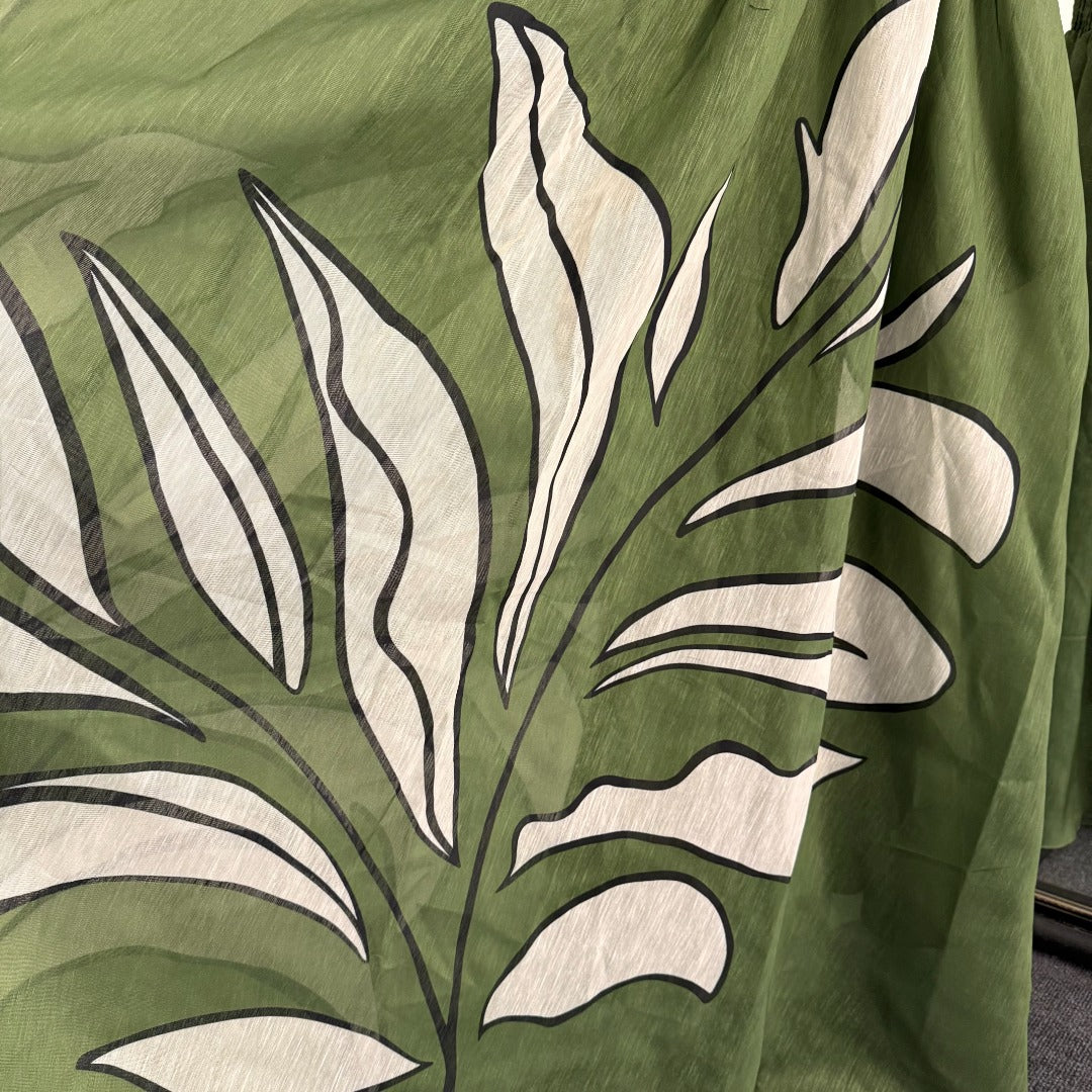 Leaf-Print Silk-Linen Spaghetti-Strap Dress