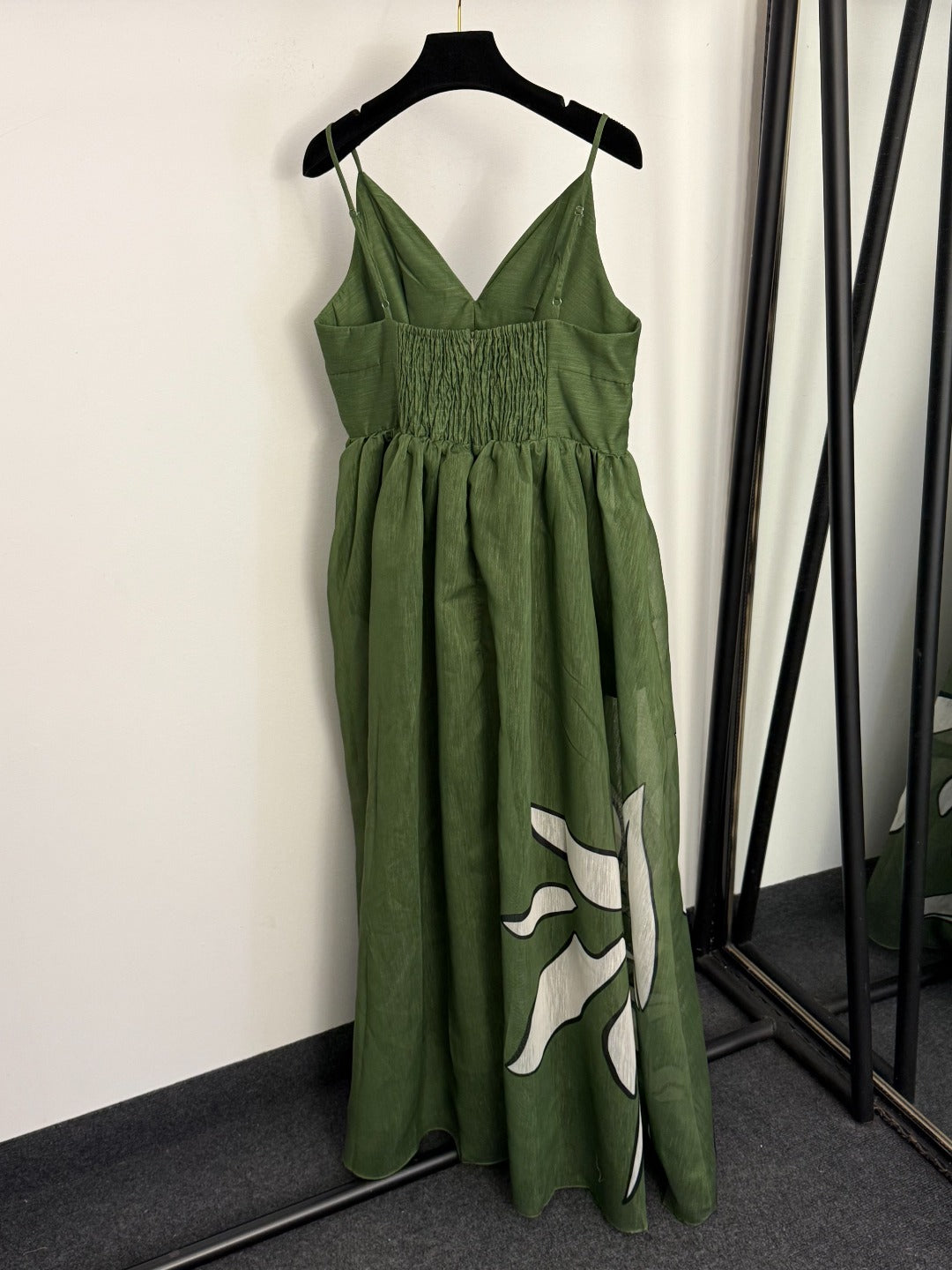 Leaf-Print Silk-Linen Spaghetti-Strap Dress