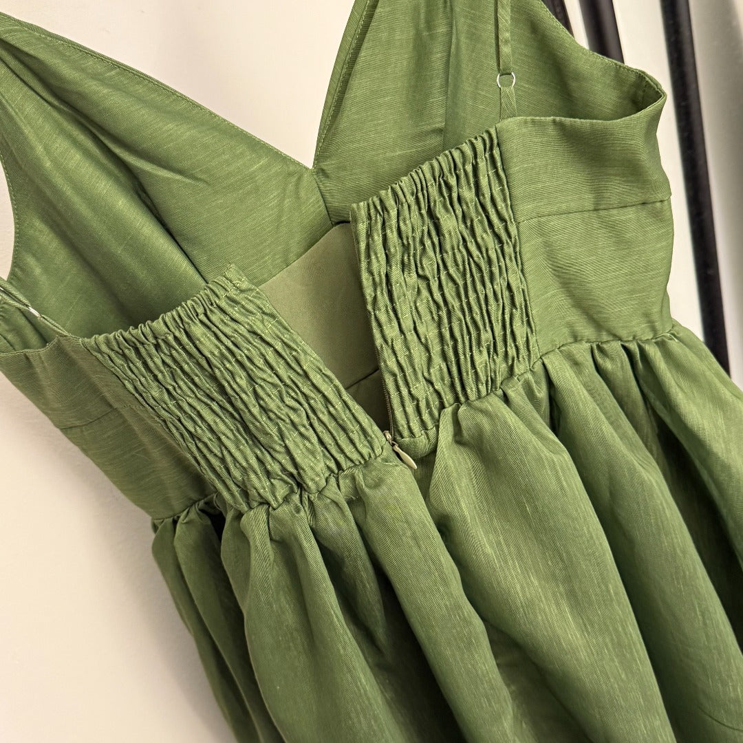 Leaf-Print Silk-Linen Spaghetti-Strap Dress