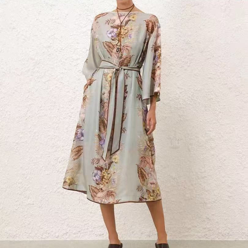 Retro Colorful Floral Print Tie-Waist Dress