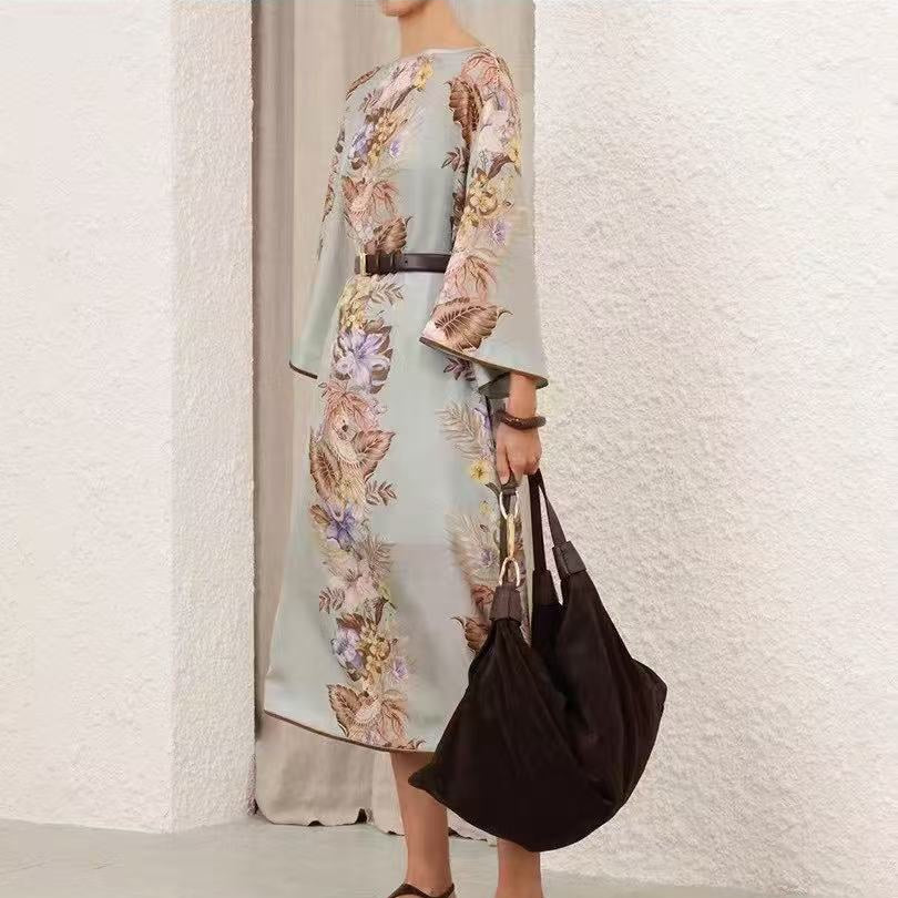 Retro Colorful Floral Print Tie-Waist Dress