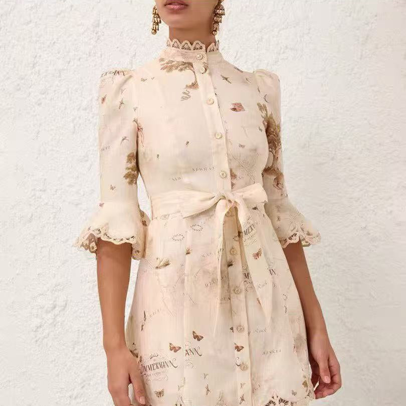Rose-Embellished, Button-Front, Waist-Tie Dress