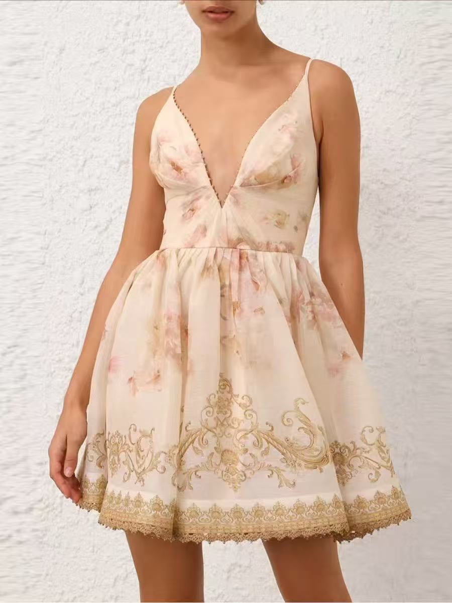 Elegant Floral-Print V-Neck Spaghetti-Strap Dress