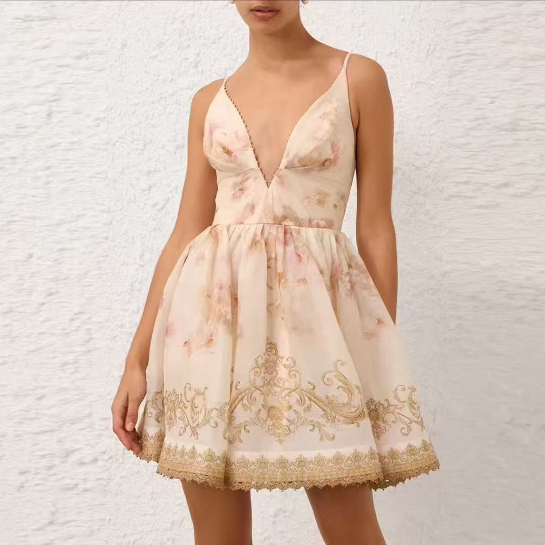 Elegant Floral-Print V-Neck Spaghetti-Strap Dress