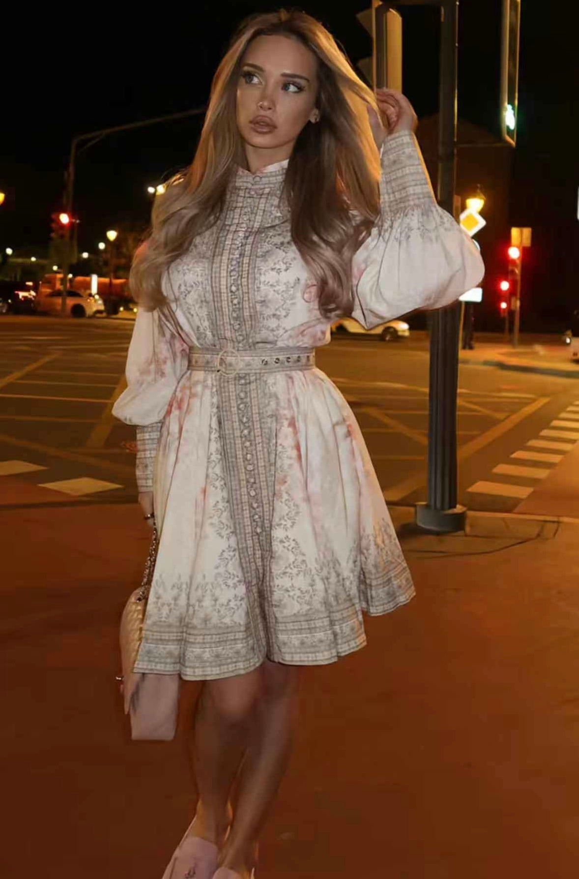 Stand-Collar Waist-Cinching Dress