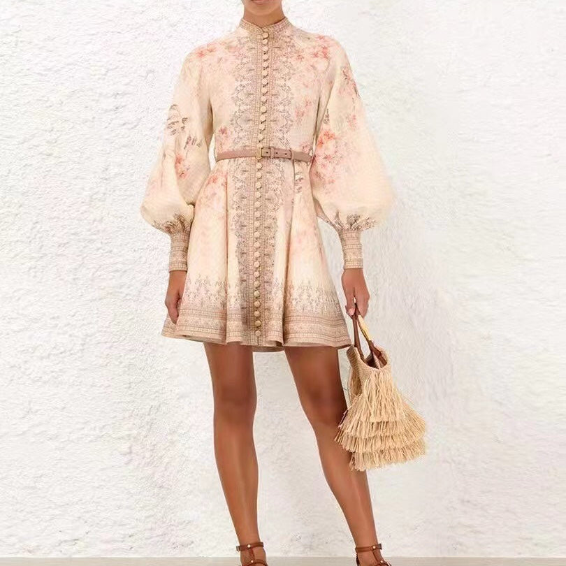 Stand-Collar Waist-Cinching Dress