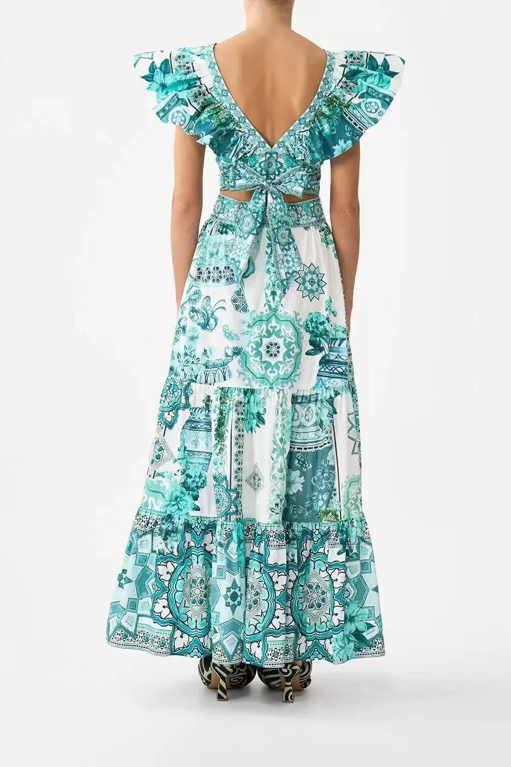 Retro-Print V-Neck Tank Top with Ruffle Sleeves + High-Waisted Skirt