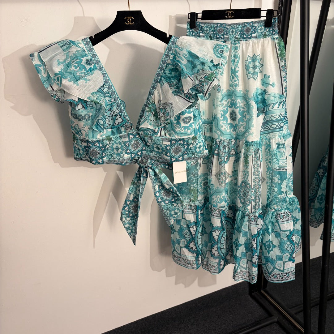 Retro-Print V-Neck Tank Top with Ruffle Sleeves + High-Waisted Skirt