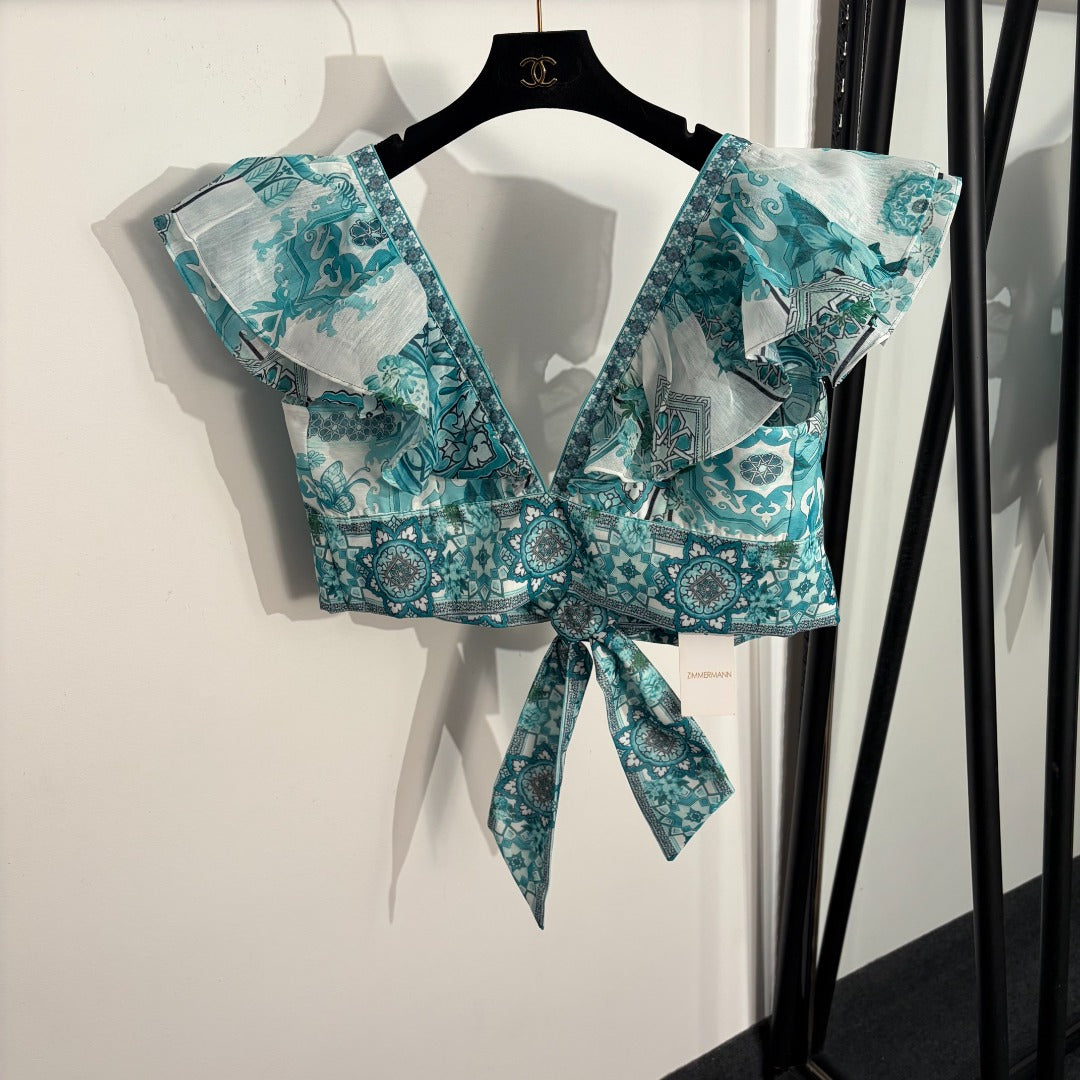 Retro-Print V-Neck Tank Top with Ruffle Sleeves + High-Waisted Skirt