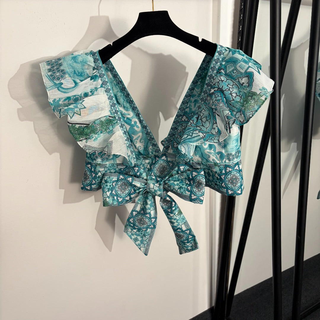 Retro-Print V-Neck Tank Top with Ruffle Sleeves + High-Waisted Skirt