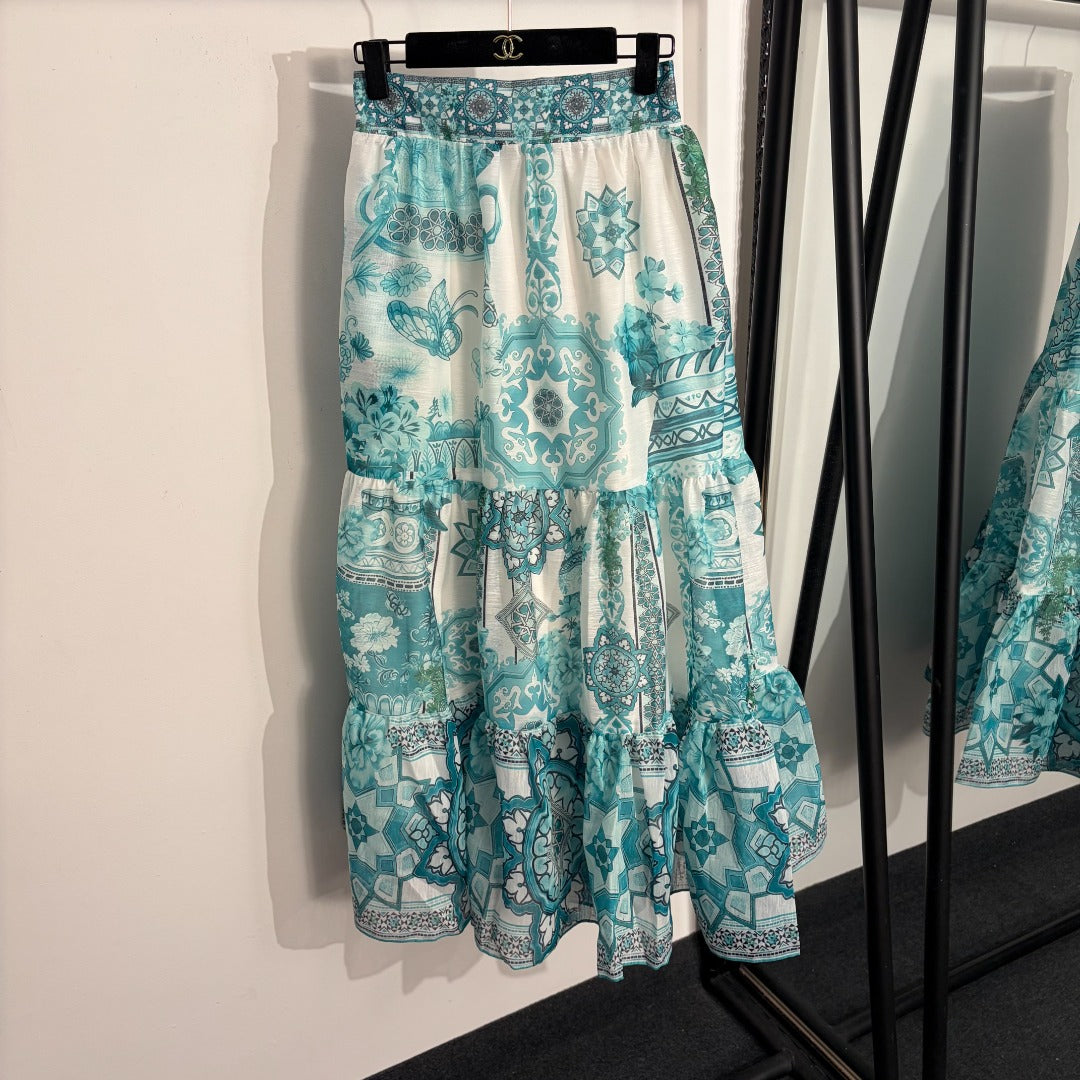 Retro-Print V-Neck Tank Top with Ruffle Sleeves + High-Waisted Skirt