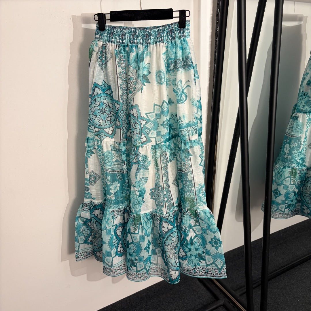Retro-Print V-Neck Tank Top with Ruffle Sleeves + High-Waisted Skirt
